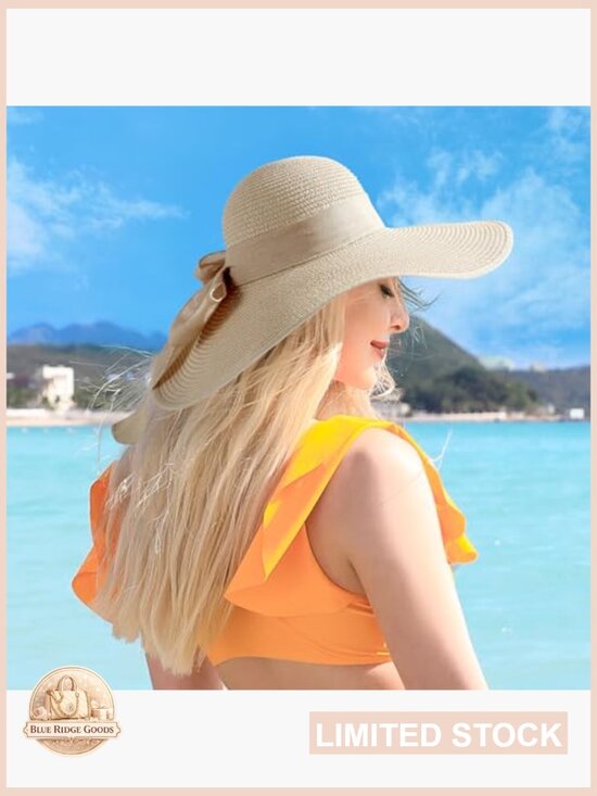 Sun Beach Straw Woven Hat Wide Brim Foldable Packable Adjustable Chin Strap UV